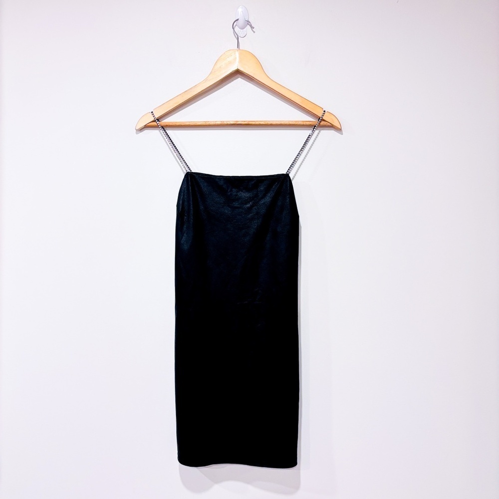 DESIGN LAB Black Tank‎ Top with Rhinestone Straps | Sleek Satin Evening Cami *